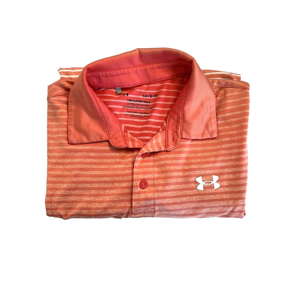 Under Armour The Playoff Polo Shirt Men's LG Loose‎ Fit Orange Stripe Golf